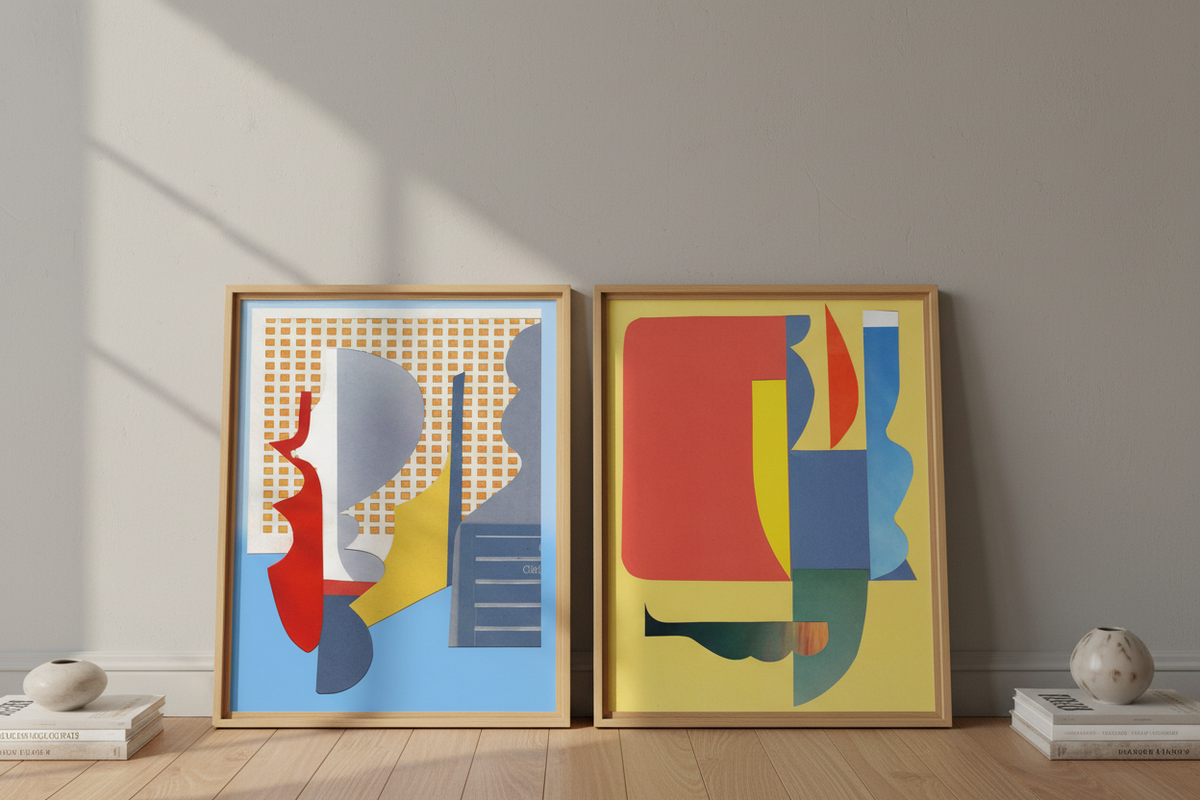 Two prints side by side with light wooden frames